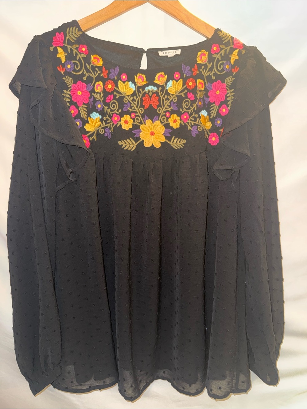 JODIFL Black Swiss Dot Blouse with Multicolor Floral Embroidery SZ M